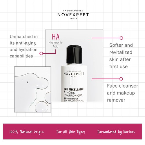 Novexpert Micellar Water Makeup Remover - Anti Aging Facial Cleanser for Women with Hyaluronic Acid - No Rinse Make Up Remover Liquid for All Skin Types - Hypoallergenic and Vegan - 6.7 oz