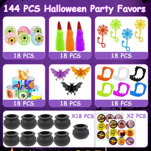 144 PCS Halloween Party Favors for Kids, 18 Pack Prefilled Small Plastic Witch Cauldron Halloween Toys in Bulk for Halloween Party School Classroom Prizes Trick or Treats Gifts