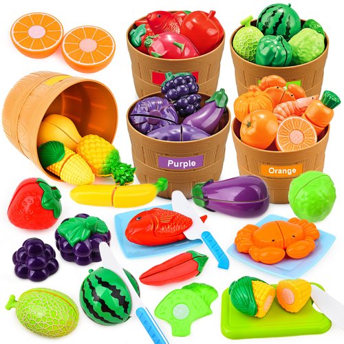 Learning Toys Play Food Set for Toddlers,35 PCS Color Sorting Play Food Set Cutting Toys Pretend Food Play Kitchen Accessories ,Learning Educational Toys Color and Food Matching Games for Toddler Kids