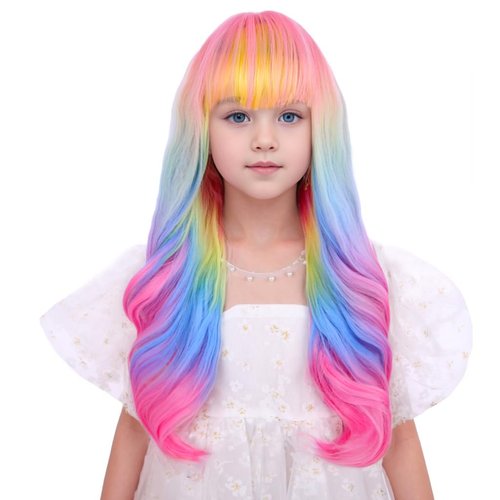 Edivd Girls Rainbow Wig Kids Long Colorful Wavy Curly Wig Long Multi-color Wig with Flat Bangs fo...
