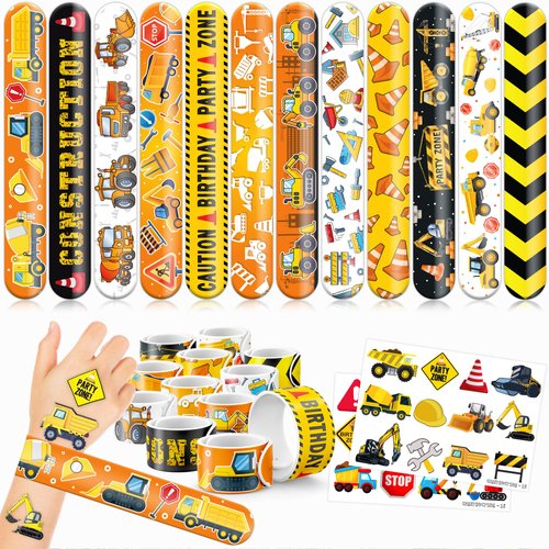 48 Construction 24PCS Construction Temporary Tattoos Sticker 24PCS Slap Bracelets Perfect for Themed Birthday Party Favors Baby Showers or Classroom Rewards Ideal Decor and Gifts for Girls and Boys