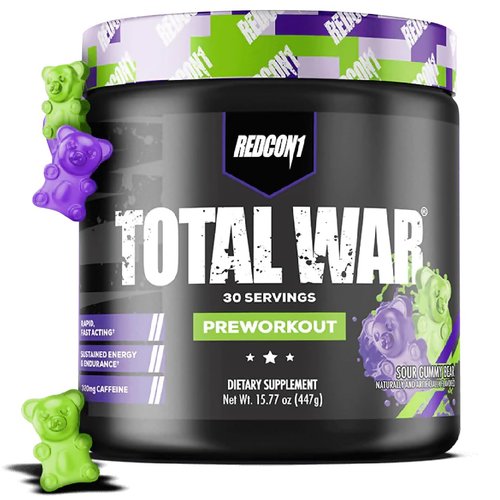 REDCON1 Total War Preworkout - Contains 320mg of Caffeine from Green Tea, Juniper & Beta Alanine - Pre Work Out with Amino Acids to Increase Pump, Energy + Endurance (Sour Gummy Bear, 30 Servings)