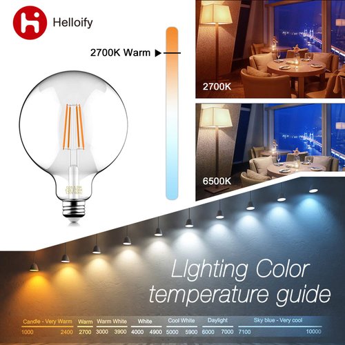 Helloify 60W Equivalent Dimmable 5.5W Decorative Globe Vintage LED Edison Filament Bulbs, 500 lumens, Clear Glass, 2700K Soft White Light, E26 Screw Base, 4PCS