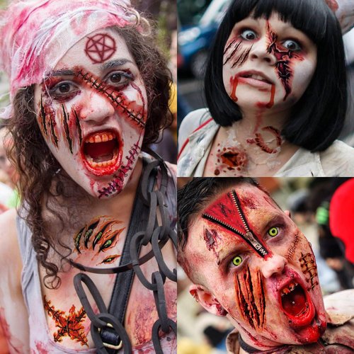 JOEHAPY 435+ PCS 50 Sheets Halloween Fake Scar Tattoos Sticker, 3D Chucky Stitches Tattoo For Women Men Adult Kids Boys Girls, Fake Blood Wound Cut Zombie Tattoos Halloween Face Makeup Kit Set Decals