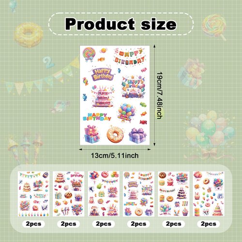 12 Sheets Birthday Stickers, Adhesive Cute Labels Happy Birthday Stickers Decals for Gift Cards Envelope Scrapbook DIY Craft Decoration Party Favors Supplies for Kids Adults (6 Styles)
