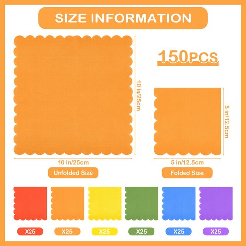 durony 150 Pack Scalloped Napkins 5 x 5 Inch Disposable Paper Napkins Gradient Color Napkins with Scalloped Edges for Dinner Wedding Birthday Party Supplies, Bright Rainbow