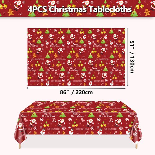 PTECDROTS 4Pcs Christmas Tablecloths Rectangular Christmas Table Decorations Red Xmas Theme Table Cover for Winter Holiday New Year Christmas Party Supplies, 51 x 86inch