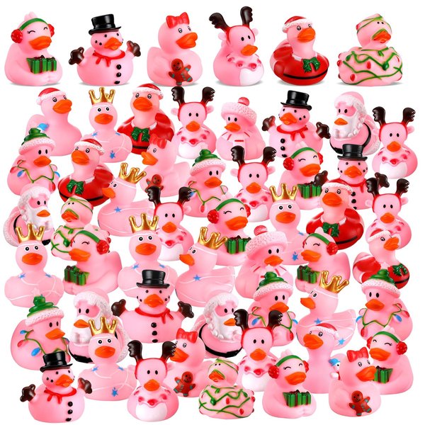 Sotiff 48 Pcs Pink Christmas Rubber Ducks 2 Inch Assorted Christmas Duckies Bath Toys Xmas Ducking Bathtub Toys for Kids Christmas Party Favors Xmas Stocking Stuffers Gifts
