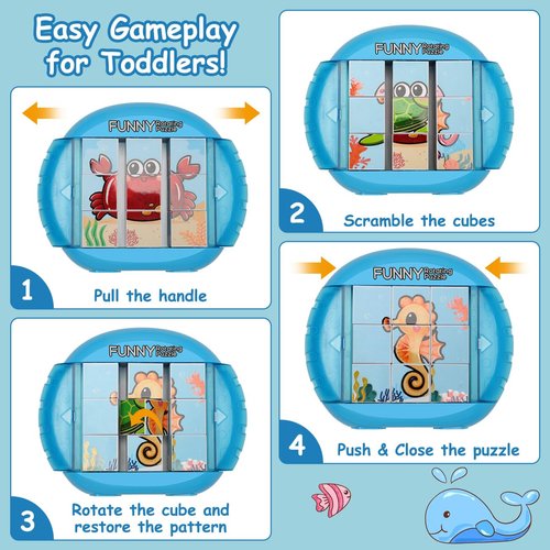 Fullware Rotating Puzzle for Kids 3 4 5 6 7 8 Year Old, 4 Puzzles in 1, Toddlers Travel, Car, Airplane, Road Trip Activities, Fine Motor Skills, Fidget, Gift for Boys & Girls Ages 3+(Sea World)