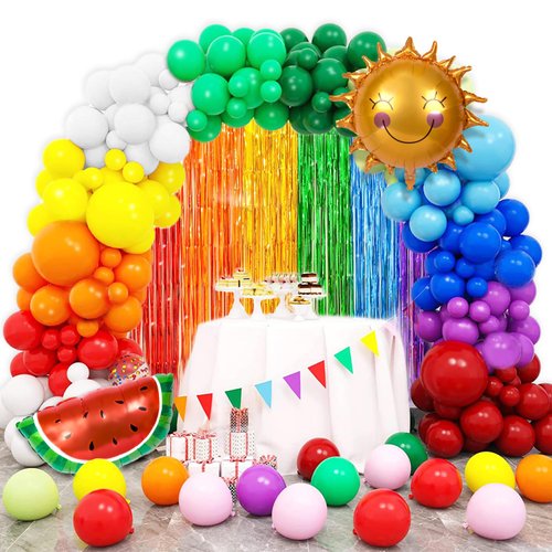 175 pcs Rainbow Balloon Arch and Foil Fringe Curtain Kit, 7 Assorted Colors Latex Balloons Garland for Kids Rainbow Birthday Baby Shower Party Wedding Engagement Decoration