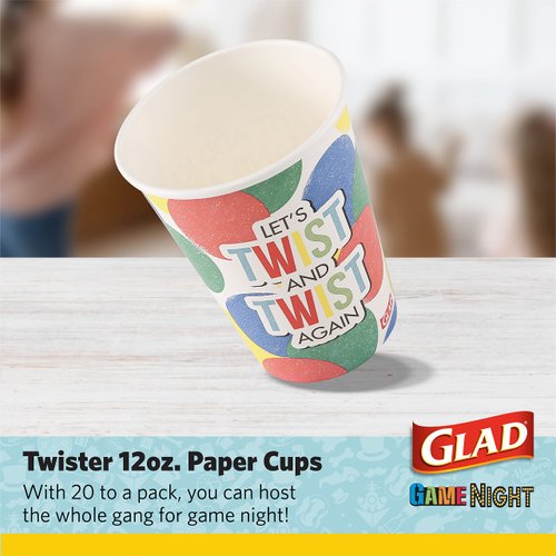 Glad Game Night Twister Disposable Paper Cups | Family Game Night Twister Paper Cups, Classic Board Games Fun, Twister Game Paper Drinking Cups | 12 oz Paper Cups, 20 Count