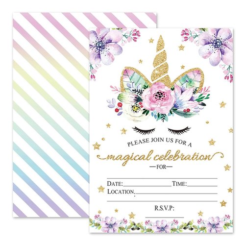 Outego Magical Unicorn Birthday Invitations, Glitter Unicorn Invitations with Envelopes for Kids Birthday (24 Pack)