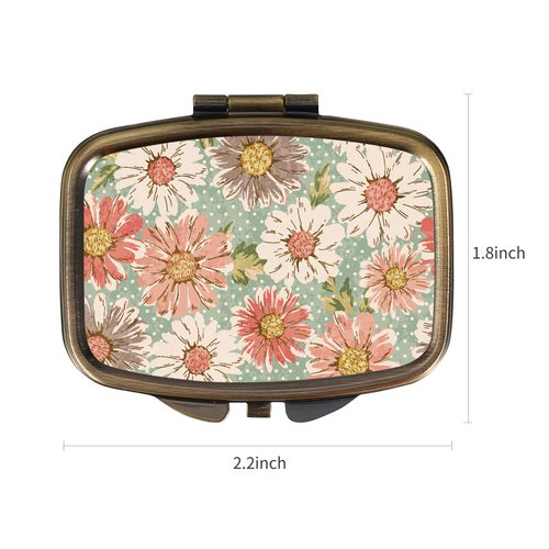 Dynippy Pill Case Pill Box with Mirror Retro Pocket 2 Compartment Medicine Case Vitamin Pill Organizer for Pocket Purse and Travel Gifts - Retro Flower