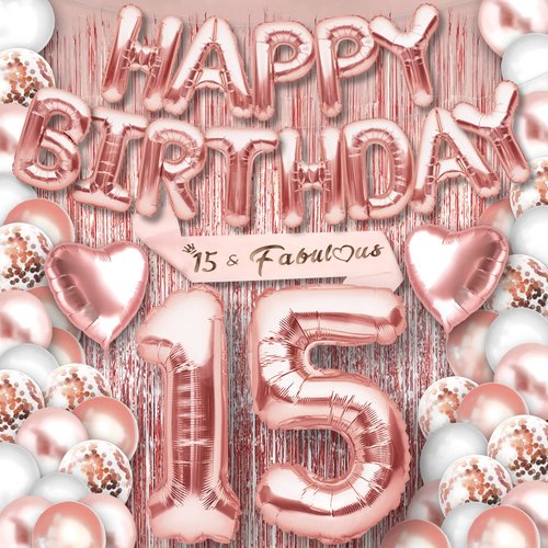 15 Party Supplies Rose Gold 15th Birthday Decorations for Girls with Happy Birthday Balloon Banner and Digit Balloons Including Latex and Confetti Balloons
