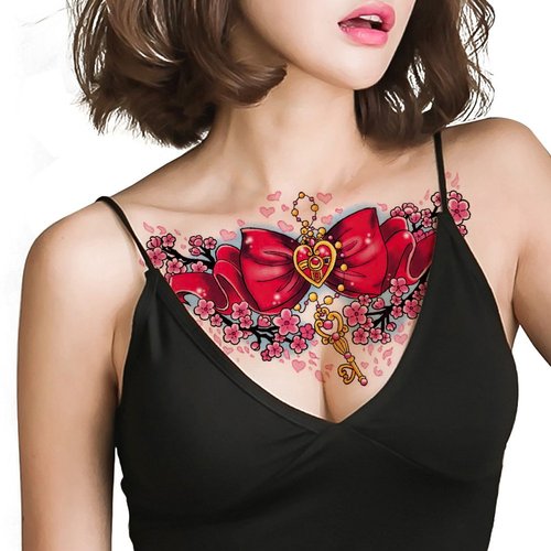TAFLY Beautiful Fake 3D Decal Temporary Tattoo for Women Bow Tie Key Design Tattoo Sticker Body Chest Waist Art Tattoos 3 Sheets