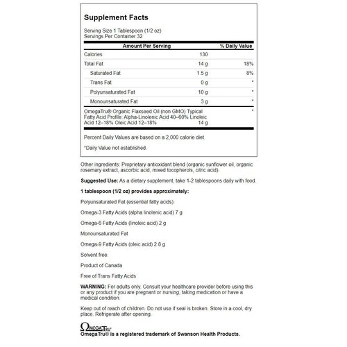 Swanson Flaxseed Oil (Omegatru) 16 fl Ounce (1 pt) (473 ml) Liquid
