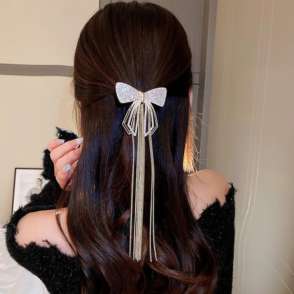Jumwrit Glitter Rhinestone Hair Bow Clip Long Chain Tassel Hair Barrette Boho Metal Hollow Bowknot Hairpin Strong Hold Ponytail Holder Clip Accessories for Women Girls(Gold)