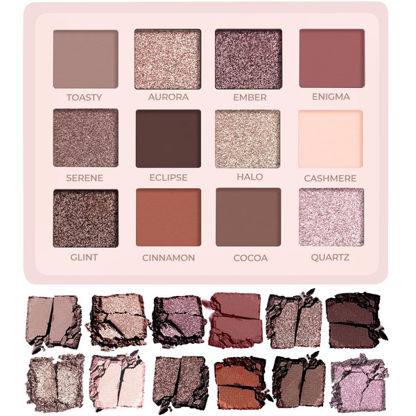 Lamora Nude Eyeshadow Palette Makeup - 12 Neutral Pigmented Matte & Shimmer Shades - Travel Size Eye Shadow With Mirror
