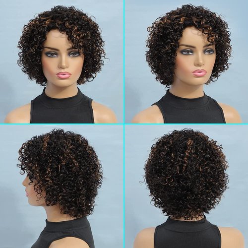 Ombre Curly wig Human Hair Wigs For Black Women Glueless Wigs Human Hair Short Curly Wigs for Black Women Wigs Human Hair Highlighted Piano Color Side Part Short Curly Wigs For Older Women (P1B/30)