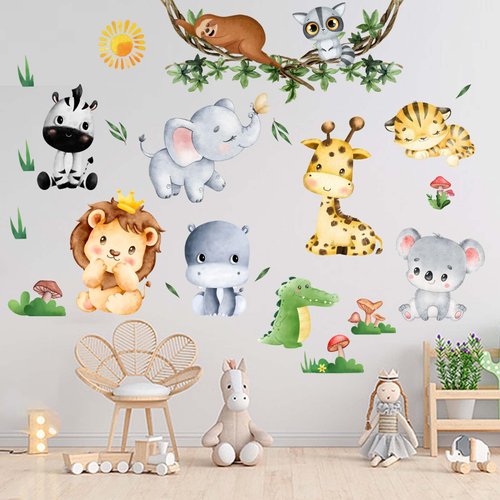 Amimagen Jungle Baby Animals Wall Stickers - Elephant Lion Tiger Giraffe Wall Decals - Nursery Kids Girls Boys Room Daycare Playroom Classroom Wall Decor