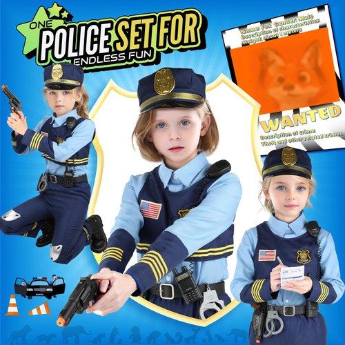 YADIYA Police Officer Costume for Kids, Girls Cop Police Costume for Kids, Halloween Costumes for Girls Kids 3-10, Police Uniform for Girls Boys