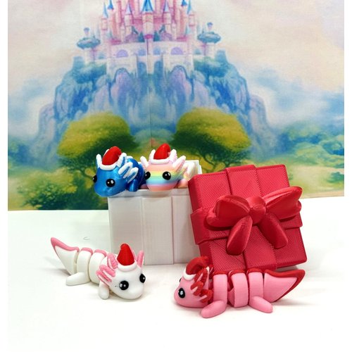4pcs 3D Printed Articulated Mini Axolotl Box Container, Fidget Mini Axolotl Fidget Toy, Executive Desk Toy, Axolotl with Santa Hat Home Decor MA001-CT