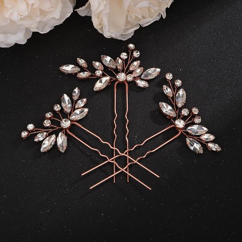 Teyglen 3pcs Crystal Bride Wedding Hair Pins Bridal Rhinestone Hair Pins Set Handmade Blue Black Red Crystal Hair Pieces Wedding Hair Accessories for Bride Women Girls (Rose Gold)