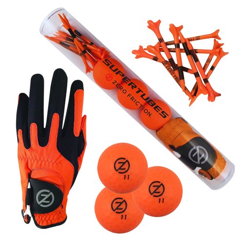 Zero Friction Men's SuperTube Golf Kit (Includes 3 Golf Balls, 1 Universal fit Glove, and Pack of Golf tees), Neon Orange