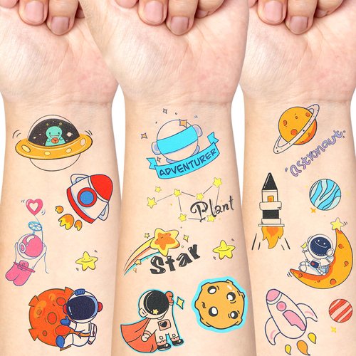 34 Sheets Space Galaxy Planet Temporary Tattoos for Kids, Cute Astronaut Tattoos Stickers for Girls Boy Body Arm Shoulder, Waterproof Fake Tattoo Stickers for Birthday Party Supplies