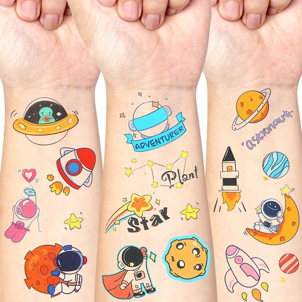 34 Sheets Space Galaxy Planet Temporary Tattoos for Kids, Cute Astronaut Tattoos Stickers for Girls Boy Body Arm Shoulder, Waterproof Fake Tattoo Stickers for Birthday Party Supplies
