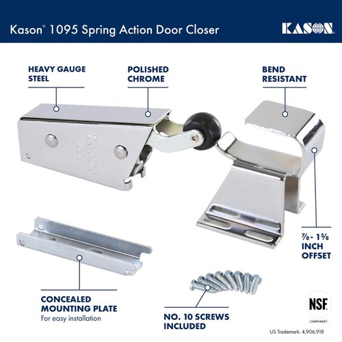 Kason 1095 Spring Action Door Closer with Adjustable Wide Hook 7/8 to 1 5/8 Inch Offset, 11095000013_11094000027
