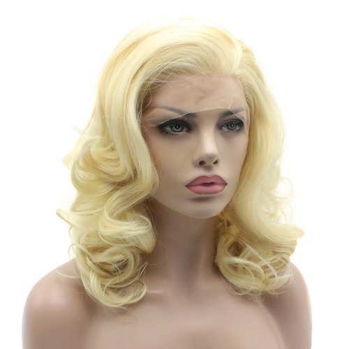 Lushy Medium length Wavy Light Blonde Wig Full Density Half Hand Tied Heat Friendly Synthetic Lace Front Wig