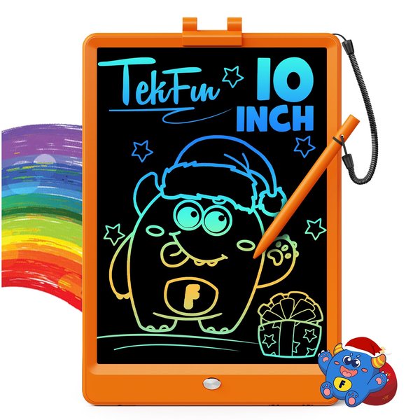 TEKFUN Toys for Girls Boys 10In LCD Writing Tablet, Magic Doodle Board with Anti-Lost Stylus, Mess Free Coloring for Toddlers Drawing Pad, Toddler Travel Car Plane Trip Toys Gifts (Orange)