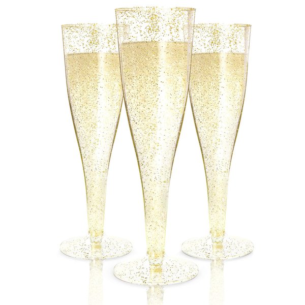 Prestee 48 Champagne Flutes Plastic - Disposable Champagne Flute - Gold Glitter Plastic Champagne Glasses for Parties - Mimosa Bar, Wedding, Shower Party, New Years Eve Party Supplies 2024 (Gold)