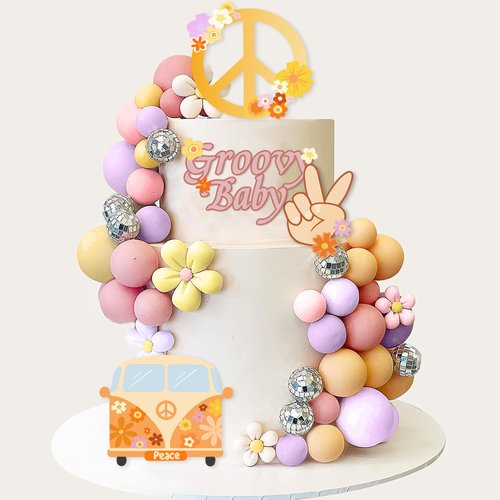 45 PCS Groovy Cake Toppers Boho Cake Topper Hippie Party Decorations with Flower Bus for Girl Bir...