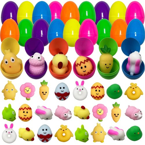 Pinkiwine 24 Pack Plastic Prefilled Easter Eggs with Easter Mochi Squishy Toys Inside for Kids Boys Girls Toddlers Easter Basket Stuffers Gifts Egg Fillers