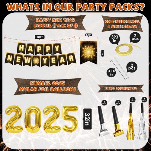 YQUQWN 84 PCS Happy New Years Party Decorations Set 2025, 4D Disco Ball New Years Eve Party Supplies, New Year Balloons, NYE Party Decorations Fringe Curtain, Happy New Year Decorations Supplies 2025