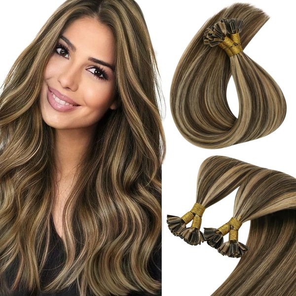 Sunny U Tip Hair Extensions #4 Dark Brown Highlights #27 Caramel Blonde Utip Extensions Real Human Hair Straight U Tips Real Hair Extensions Highlight Fusion Hair Extensions Human Hair 50s 50g 20in