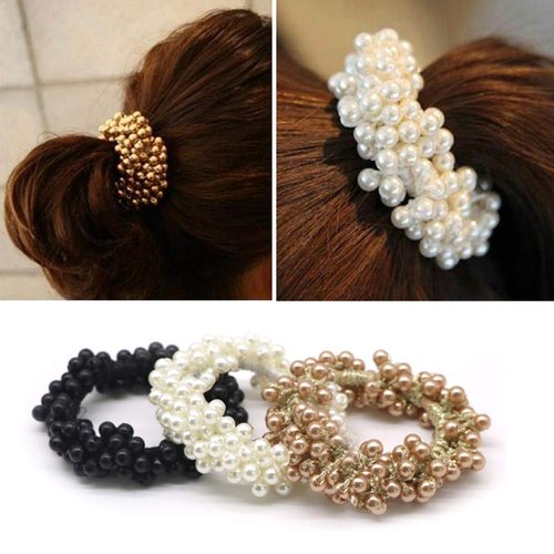 Xiwstar 3Pcs Elastic Pearls Hair Scrunchies Women Girls Beaded Bracelet Hair Ties Bands Ropes Ponytail Holder