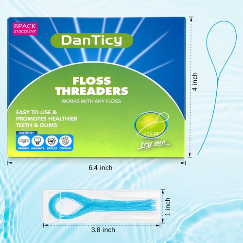 Floss Threaders, Deep Clean Dental Floss Threader for Braces, Bridges, and Implants 210PCS(6Pack),Blue