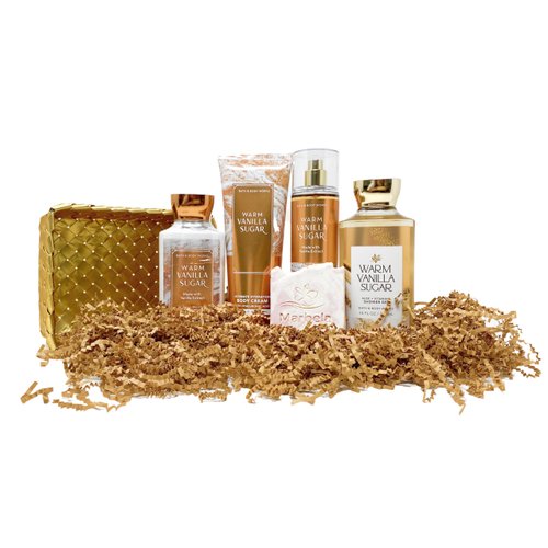 Bath & Body Works Warm Vanilla Sugar Gold Woven Basket 4 Piece Gift Set - Fine Fragrance Mist, Body Lotion, Shower Gel and Body Cream with a Himalayan Salts Springs Sample Soap