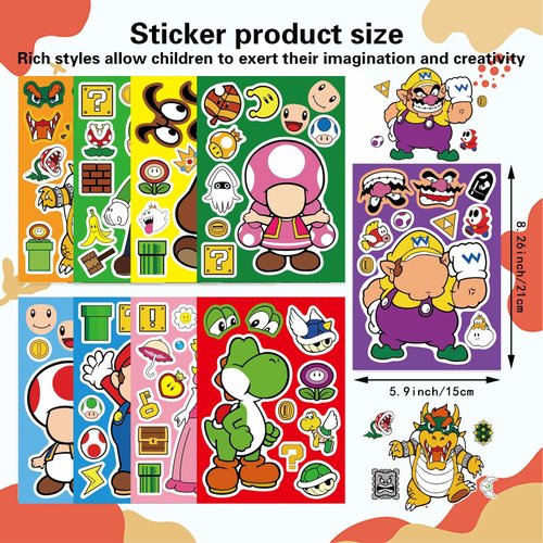 36 Sheets Mario Make a Face Stickers, Cartoon Book Crafts for Kids, DIY Party Supplies Favors Your Own Mixed and Matched with Different Designs Characters Birthday Gifts Class Reward Decor