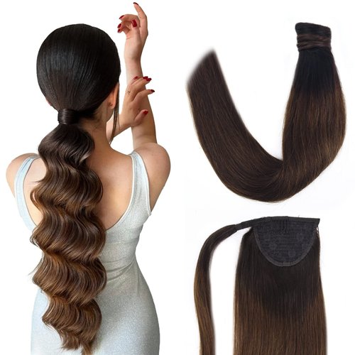 Vlasy Ponytail Extension Human Hair,16inch 70g Pony Tails Extensions Human Hair,Clip in Wrap Around Real Human Hair Ponytail Extensions,Long Straight Hair Extensions Ponytail(T1B/4)