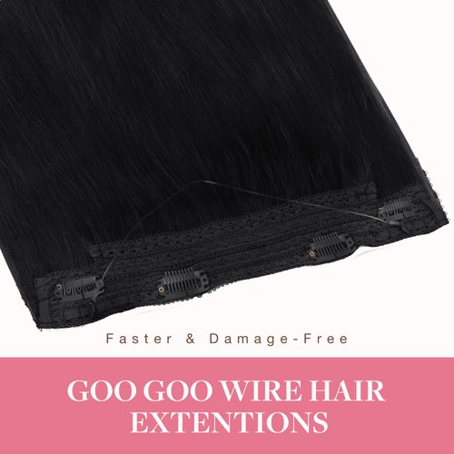 GOO GOO Wire Hair Extensions Real Human Hair, 18inch 95g Jet black, Invisible Wire Hair Extensions with Transparent, Seamless Fish Line Hairpiece, Straight Remy Hair Extensions