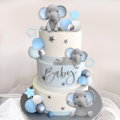 32 Pcs Elephant Cake Decoration with Mini Elephant Blue White Pearl Balls for Baby Shower Boy Ele...