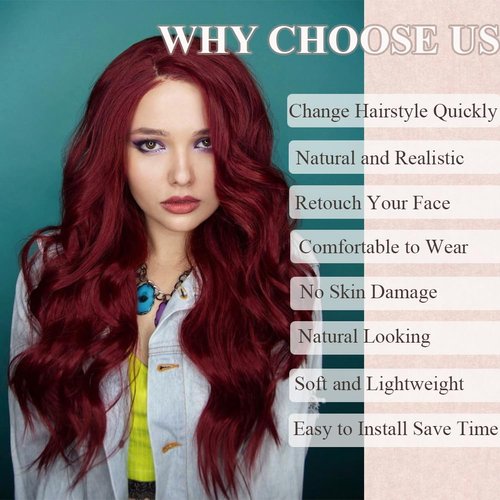 Colorful Queen 99j Burgundy Wig Glueless Long Wavy Red Wigs for Women 26 Inch Curly Wig Put on and Go Wine Red Colored Wigs for Cosplay Daily Use