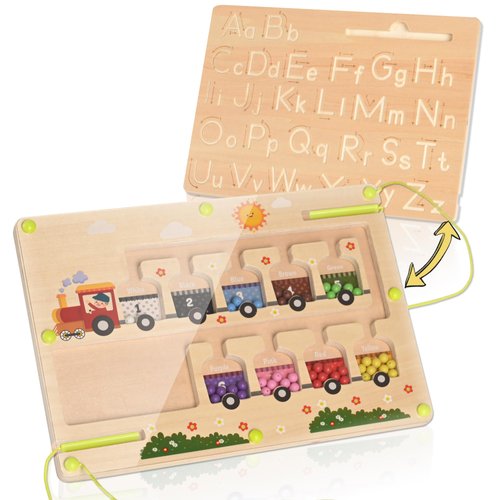 Magnetic Color and Number Maze, Montessori Wooden Color Matching Counting Puzzle Board ABC Writing Practice Fine Motor Skills Learning Toys for Toddlers Boys Girls Ages 3+ Little Train