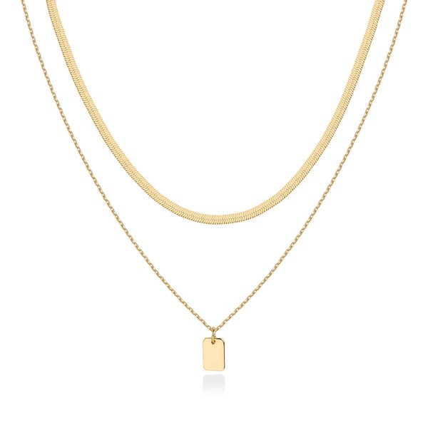 PAVOI 14K Gold Plated Layered Necklace with Dog Tag Pendant | Layering Necklaces for Women with Herringbone/Snake Chain | Trendy Pendant Necklace for Women (Yellow Plated)