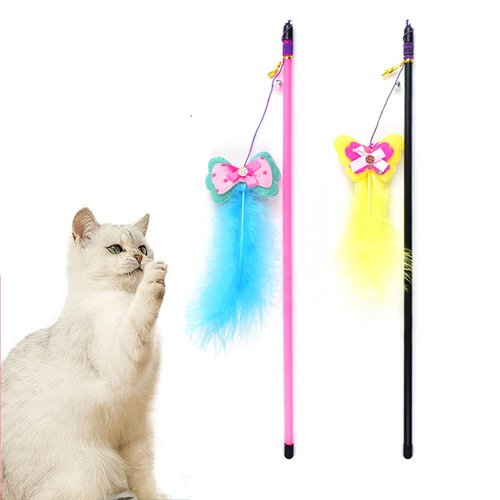 Cat Wand Toy 2 PCS Interactive Cat Feather Wands Cat Teaser Wand with Butterfly and Bell for Cat Kitten