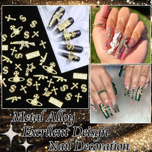RODAKY 45PCS Gun Nail Charms 3D Dollar Charms for Nails Gold Cross Nail Gems Metal Star Planet Nail Art Charms with Rhinestone Glitter Luxury Nail Decoration for Women Manicure Design